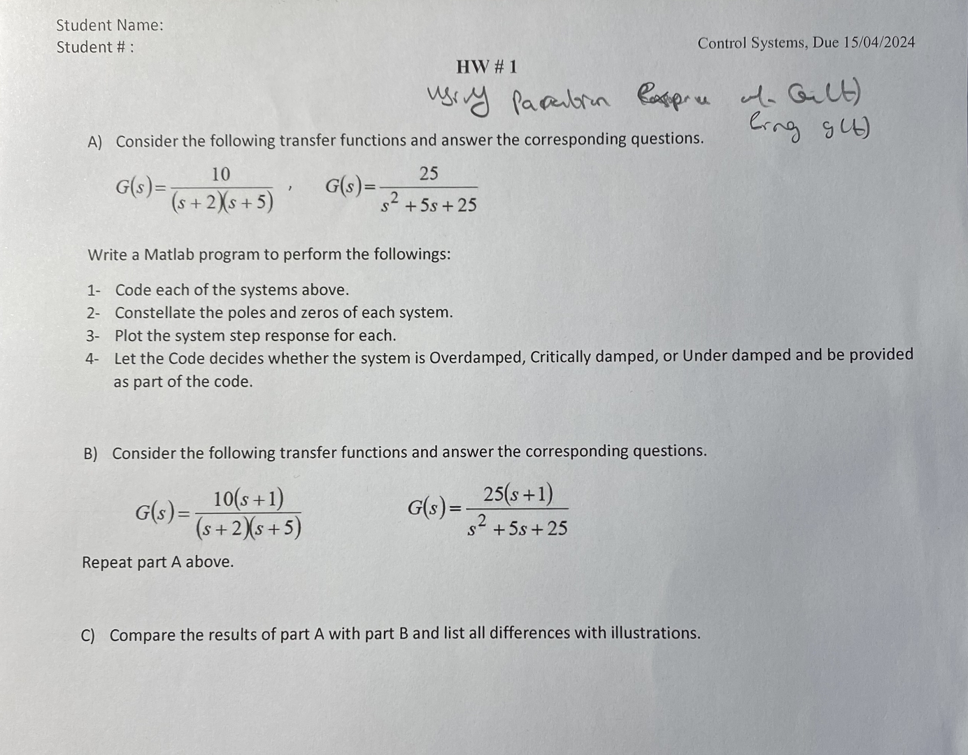 Solved Student Name:Student # :Control Systems, Due | Chegg.com