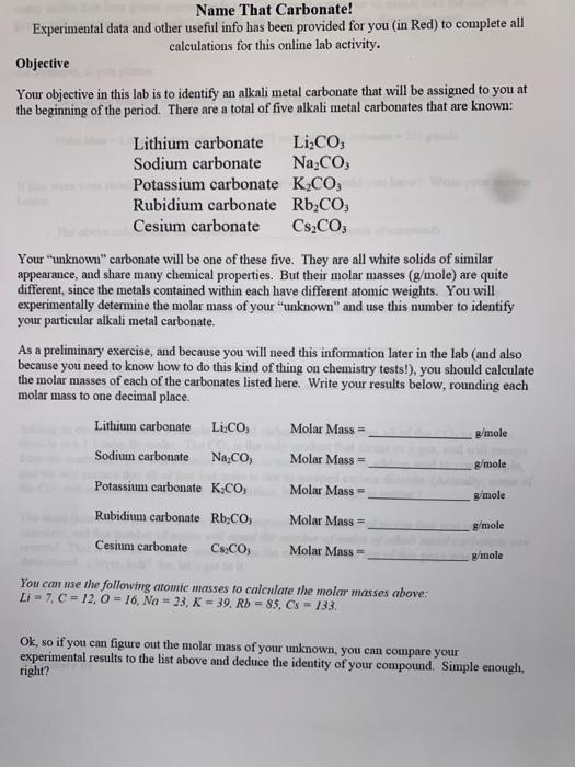 Solved Name That Carbonate! Experimental data and other | Chegg.com