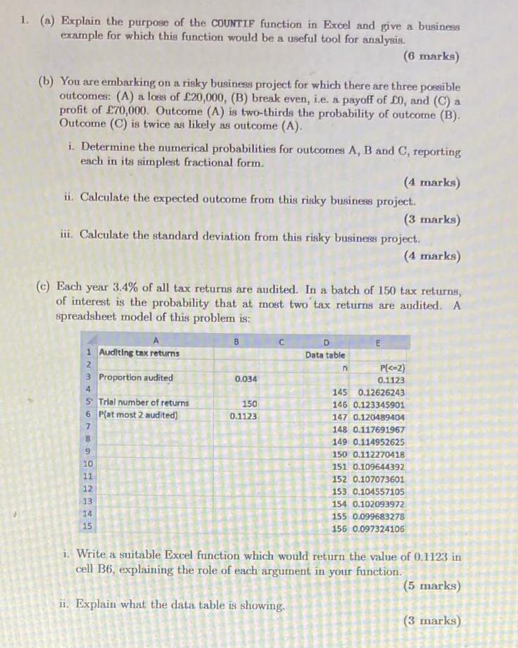 Solved 1. (a) Explain the purpose of the COUNTIF function in