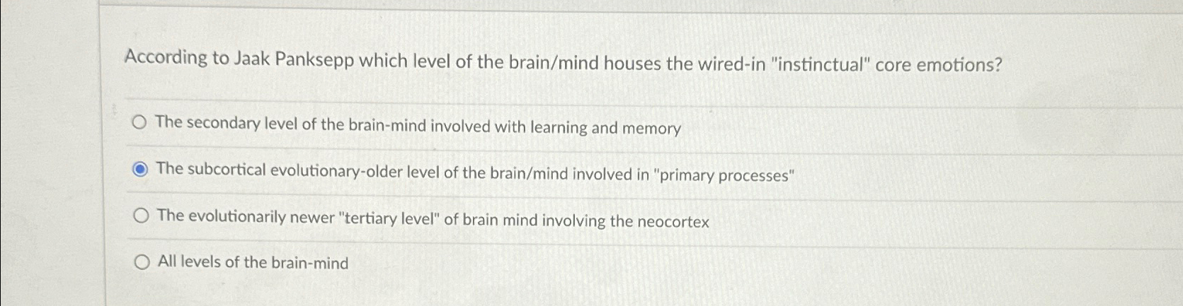 Solved According to Jaak Panksepp which level of the | Chegg.com