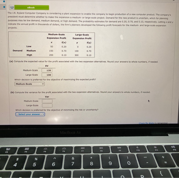 Solved Check My Work (1 remaining) eBook Assume that the | Chegg.com