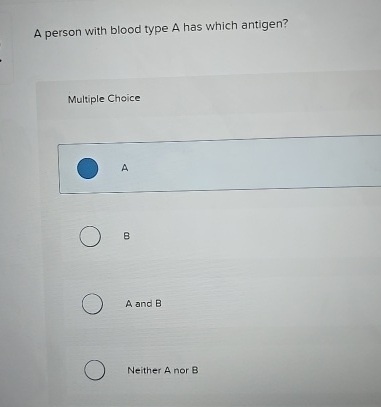 Solved A person with blood type A has which antigen?Multiple | Chegg.com