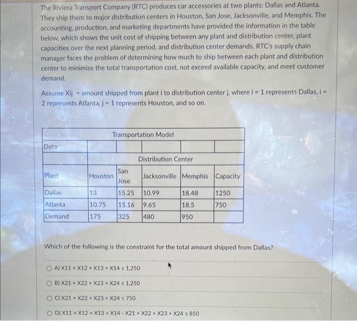Solved The Riviera Transport Company RTC produces car Chegg