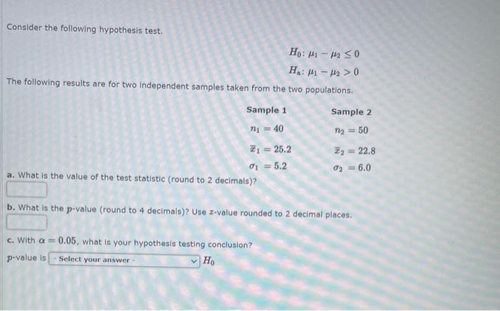 Solved Consider The Following Hypothesis Test. | Chegg.com