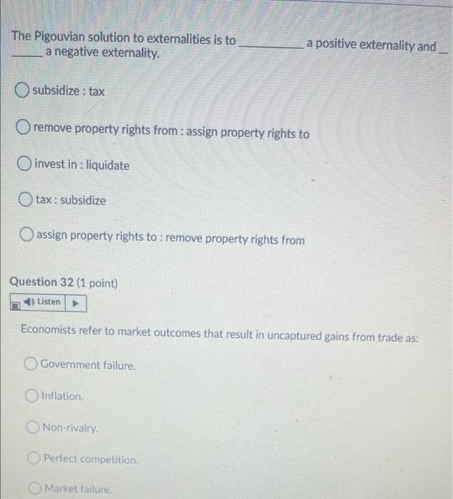 Solved The Pigouvian solution to externalities is to a | Chegg.com