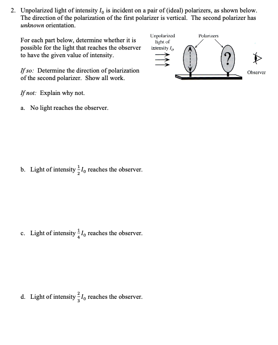Solved Unpolarized light of intensity I0 ﻿is incident on a | Chegg.com