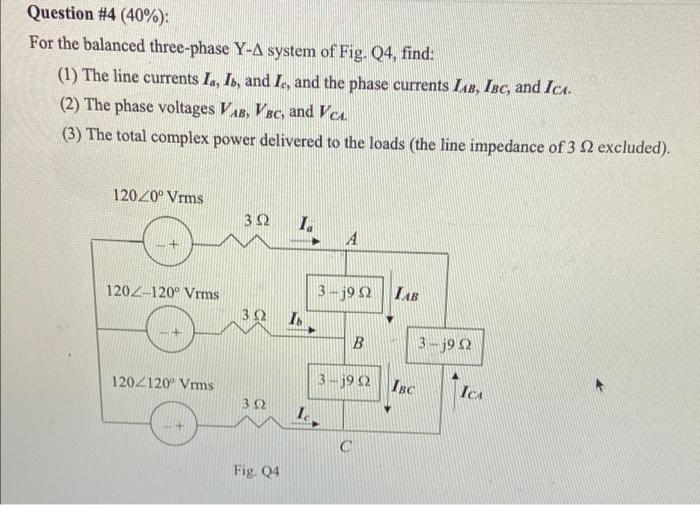 Solved Question #4 (40%): For the balanced three-phase Y-A | Chegg.com