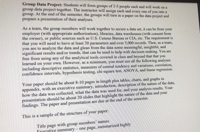 Solved Group Data Project: Students will form groups of 2-5 | Chegg.com