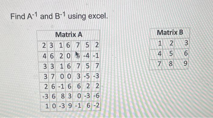 Solved Find A−1 And B−1 Using Excel. | Chegg.com