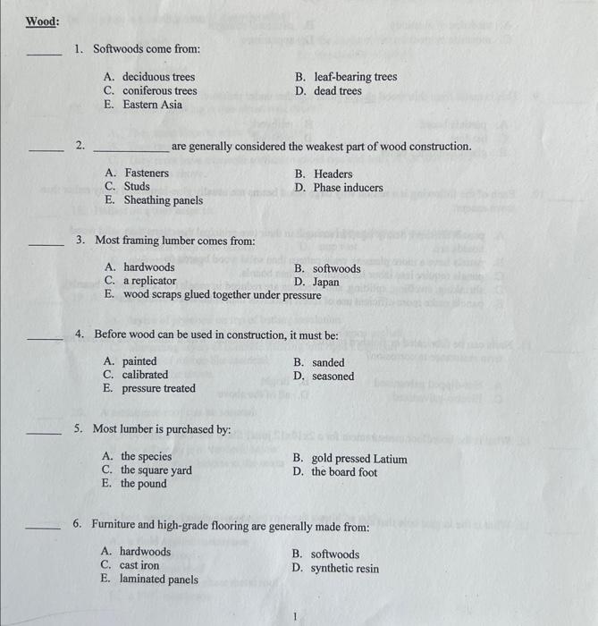 Solved 1. Softwoods come from A. deciduous trees B.