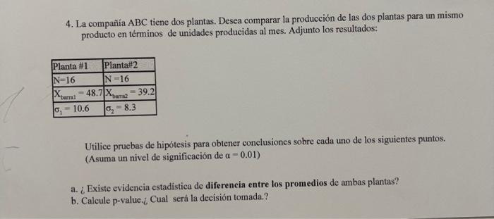 4. La compañía ABC tiene dos plantas. Desea comparar la producción de las dos plantas para un mismo producto en términos de u