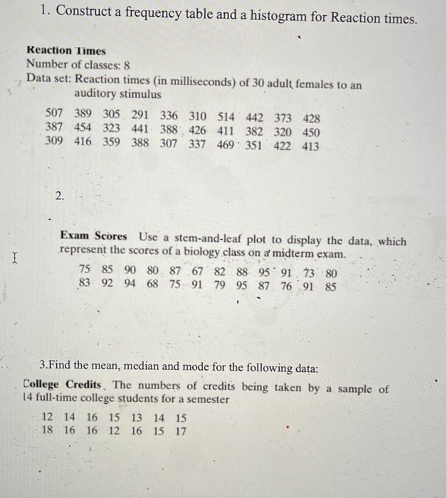 Solved 1. Construct a frequency table and a histogram for | Chegg.com