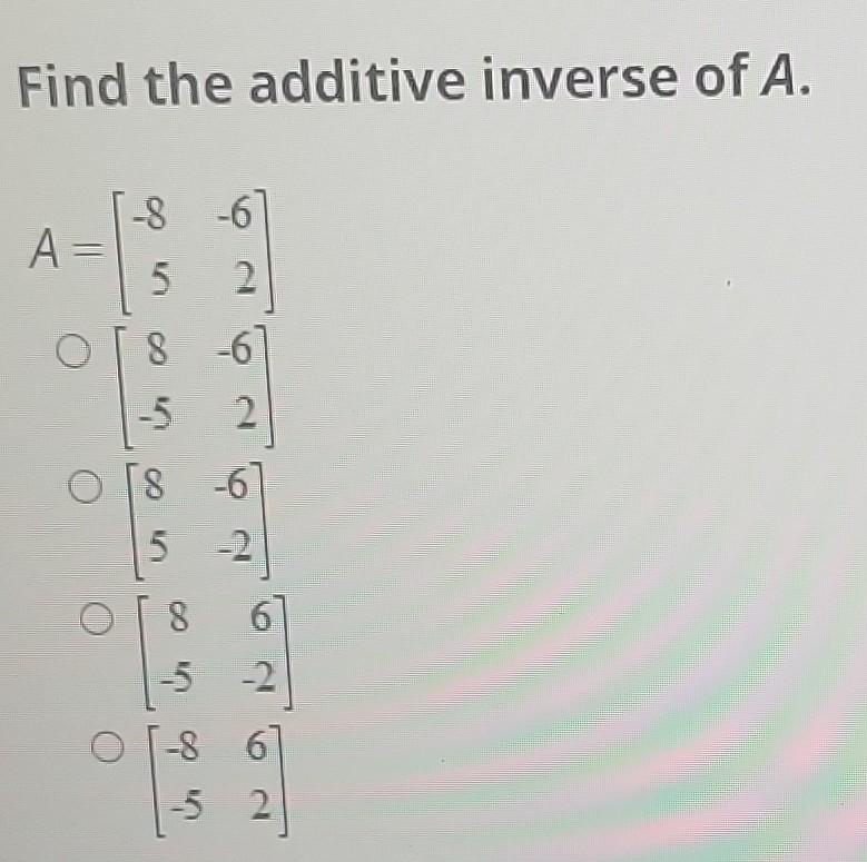 Solved Find The Additive Inverse Of A. A -8 -6] 5 2 S -6 5 2 | Chegg.com