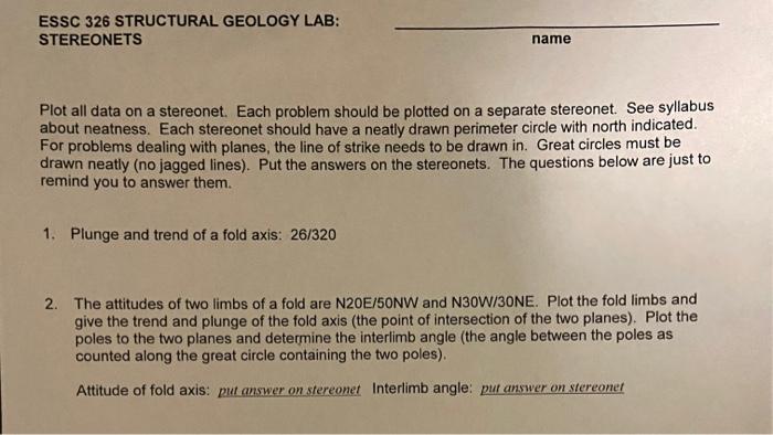 Solved ESSC 326 STRUCTURAL GEOLOGY LAB: STEREONETS Name Plot | Chegg.com