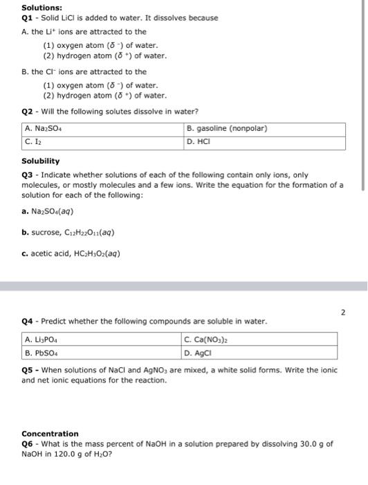 Solved Solutions: Q1 - Solid LiCl is added to water. It | Chegg.com