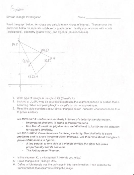 Solved Bonus Similar Triangle investigation Namo Read the | Chegg.com