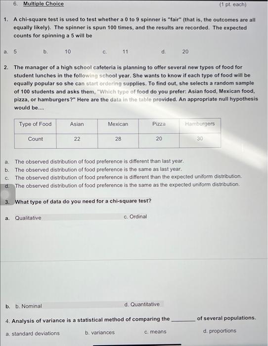 Solved 6. Multiple Choice (1 Pt Each) 1. A Chi-square Test | Chegg.com