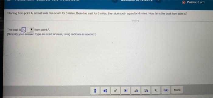 Solved Points: 0 of 1 Starting from point A, a boat sails | Chegg.com