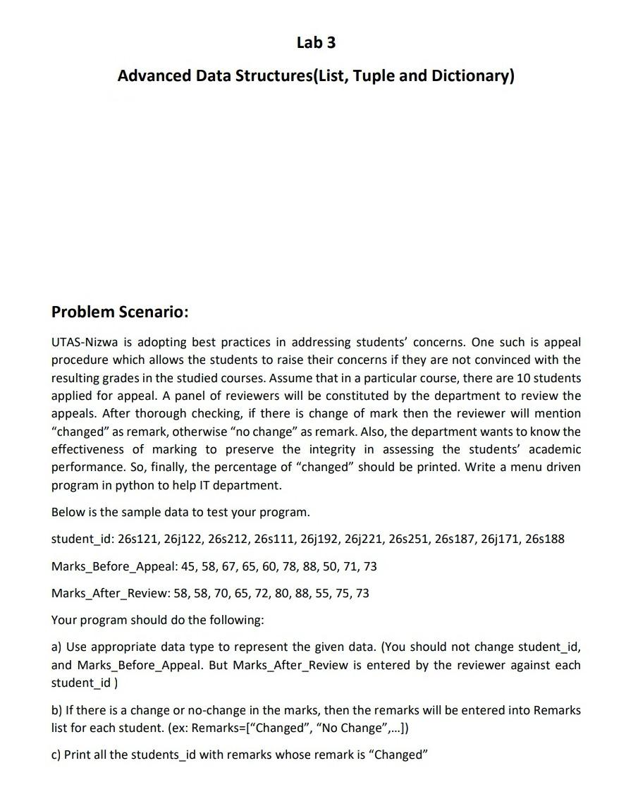 Solved Lab 3 Advanced Data Structures (List, Tuple and | Chegg.com