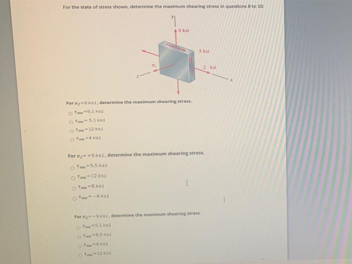 Solved For the state of stress shown, determine the maximum | Chegg.com