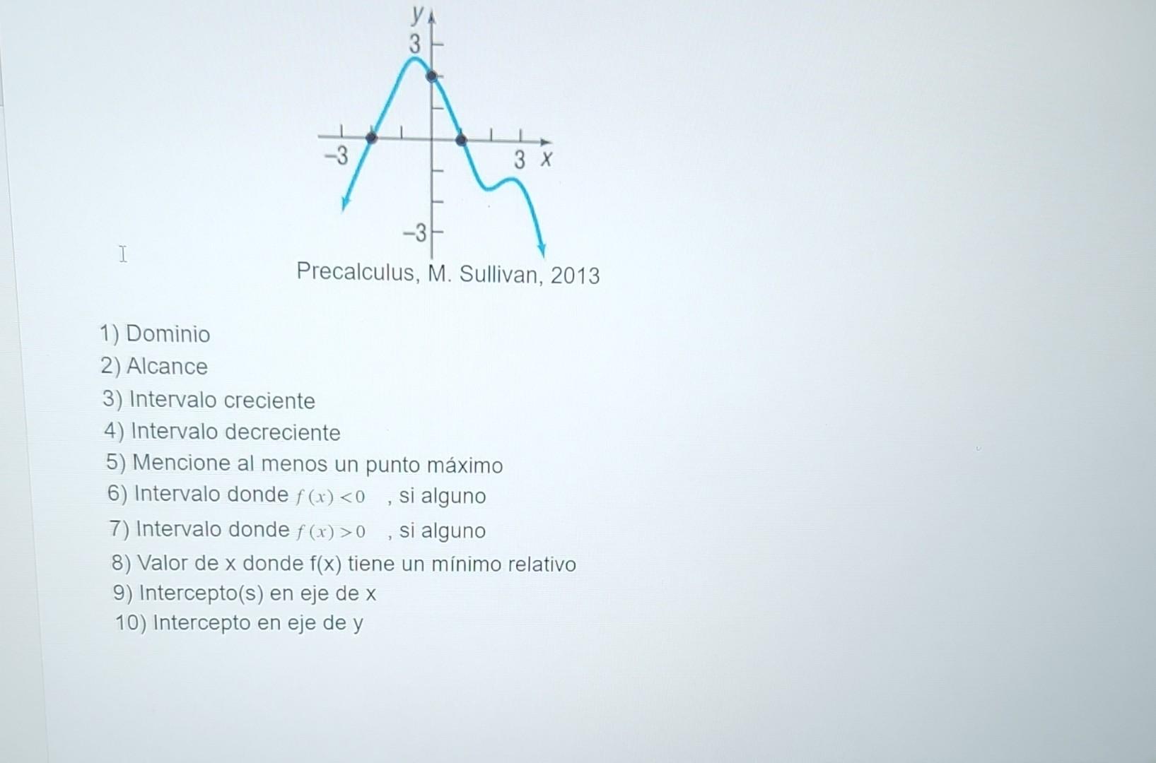 1) Dominio 2) Alcance 3) Intervalo creciente 4) Intervalo decreciente 5) Mencione al menos un punto máximo 6) Intervalo donde