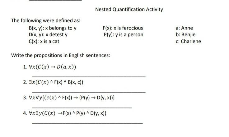 Solved Nested Quantification Activity The following were | Chegg.com
