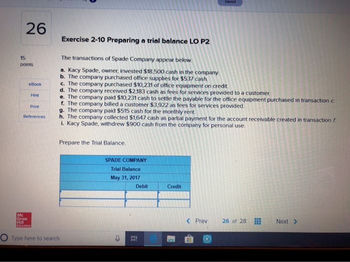 Solved Saved 26 Exercise 2-10 Preparing a trial balance LO | Chegg.com