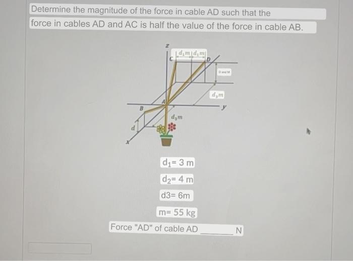 Determine the magnitude of the force in cable AD such that the force in cables \( A D \) and \( A C \) is half the value of t