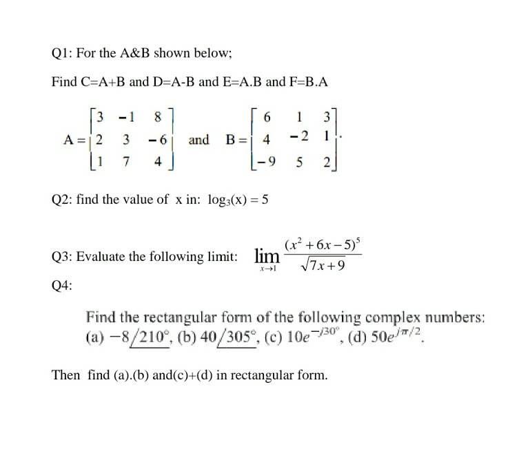 Solved Q1: For the A&B shown below; Find C=A+B and D=A-B and | Chegg.com