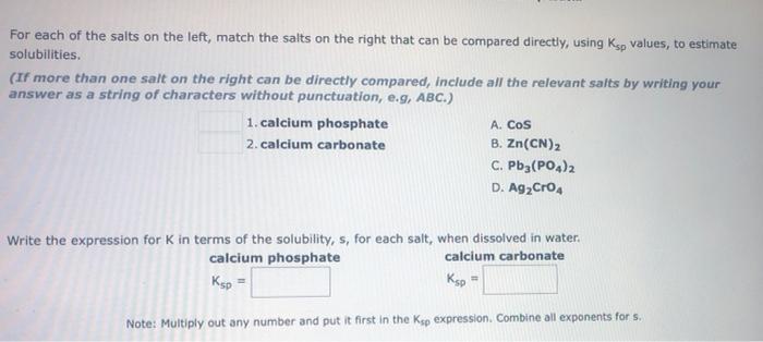 Solved For each of the salts on the left, match the salts on | Chegg.com