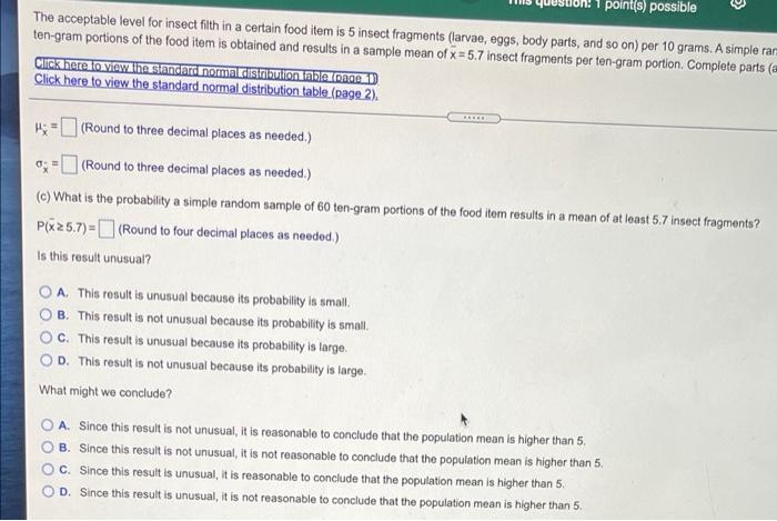 Solved The acceptable level for insect filth in a certain | Chegg.com