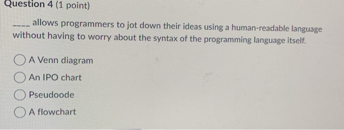 Question 4 (1 point) allows programmers to jot down their ideas using a human-readable language without having to worry about