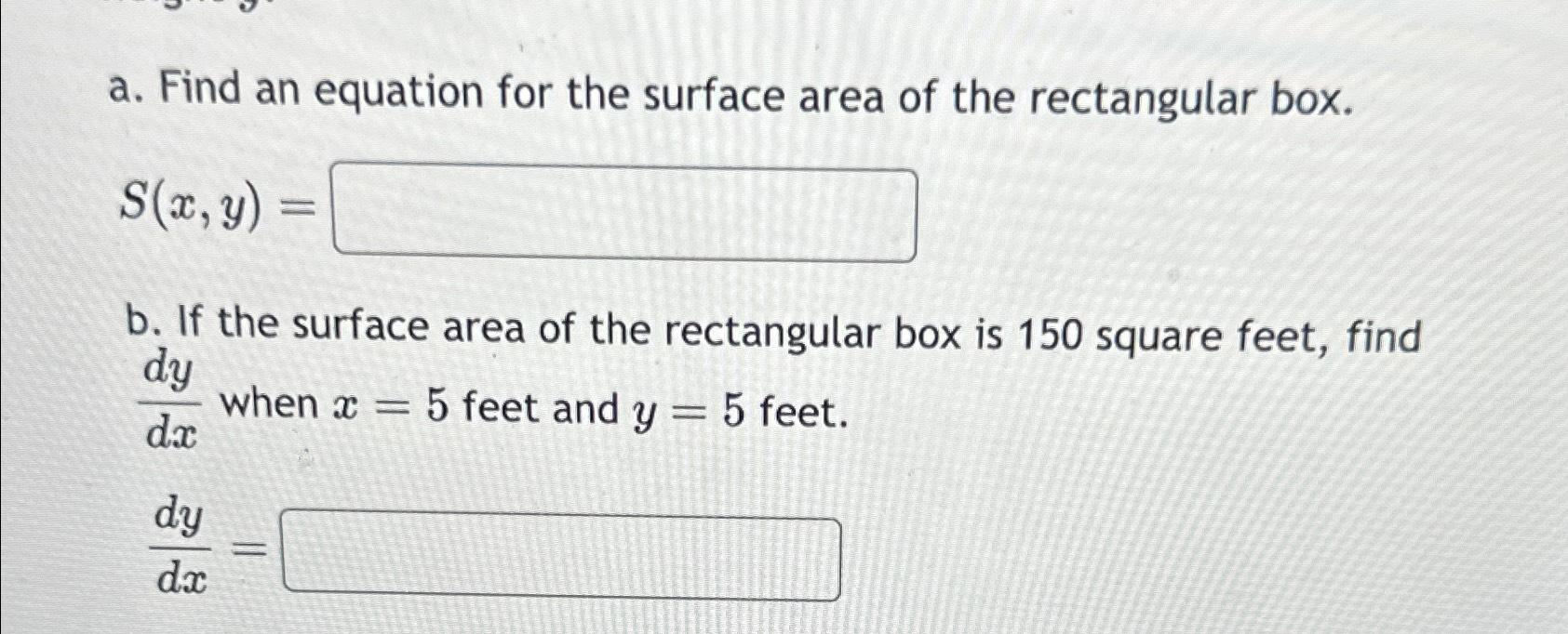 find an equation for the surface area of the rectangular box