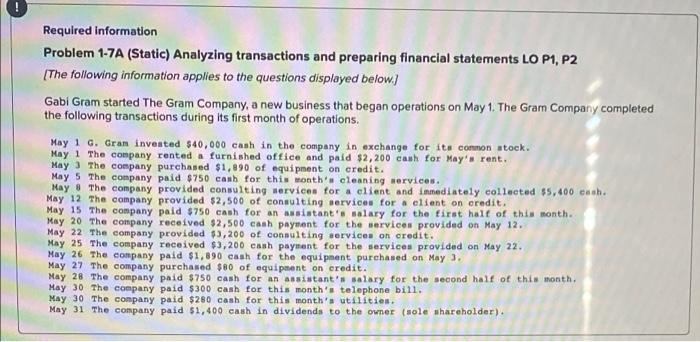 Solved Required information Problem 1-7A (Static) Analyzing | Chegg.com