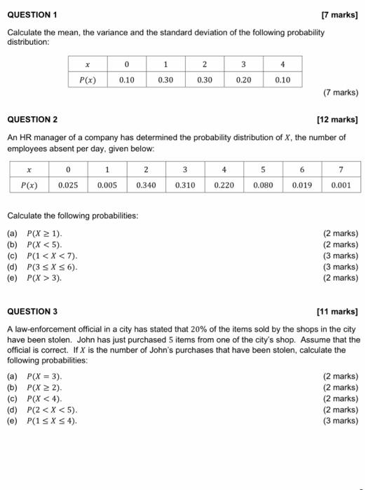 Solved Calculate The Mean, The Variance And The Standard | Chegg.com