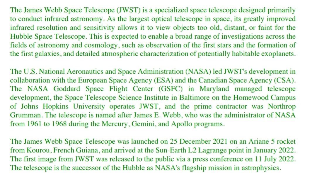 Solved The James Webb Space Telescope (JWST) is a | Chegg.com