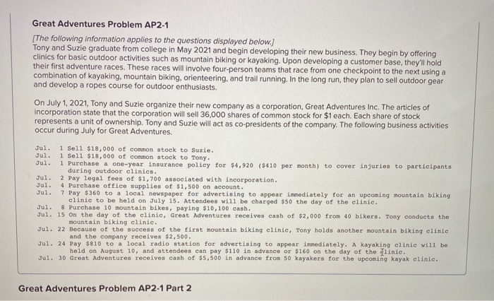 Solved Great Adventures Problem AP2-1 [The following | Chegg.com