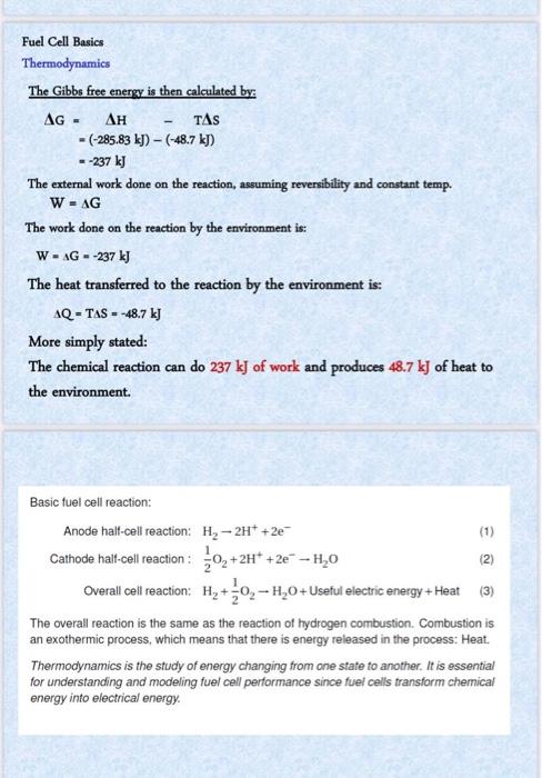 Fuel Cell Basics Thermodynamics The Gibbs Free Energy Chegg Com