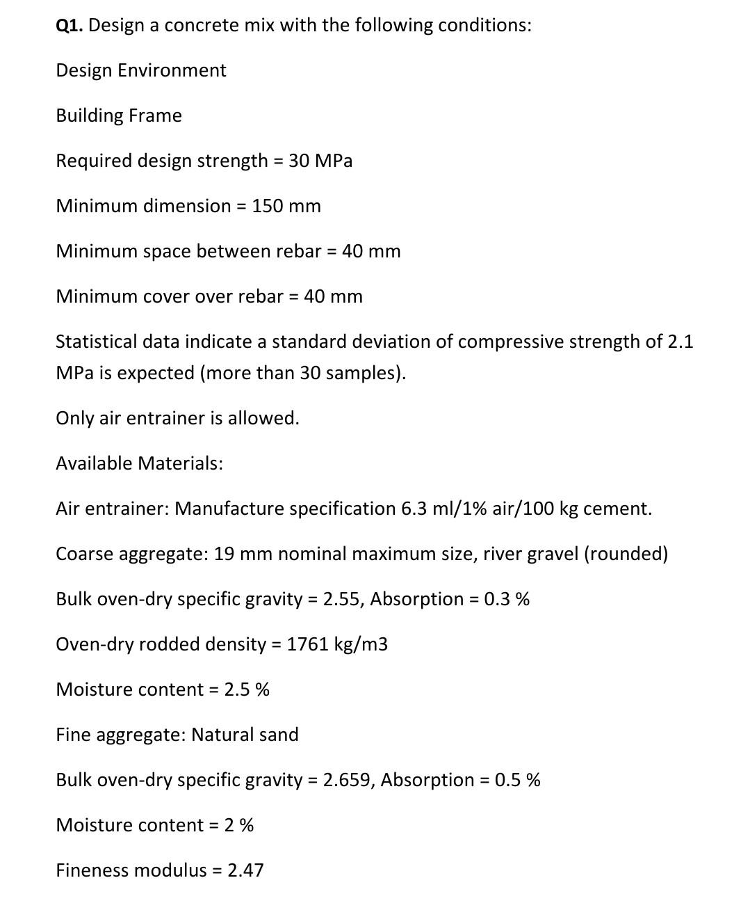 Solved Q1. Design a concrete mix with the following | Chegg.com
