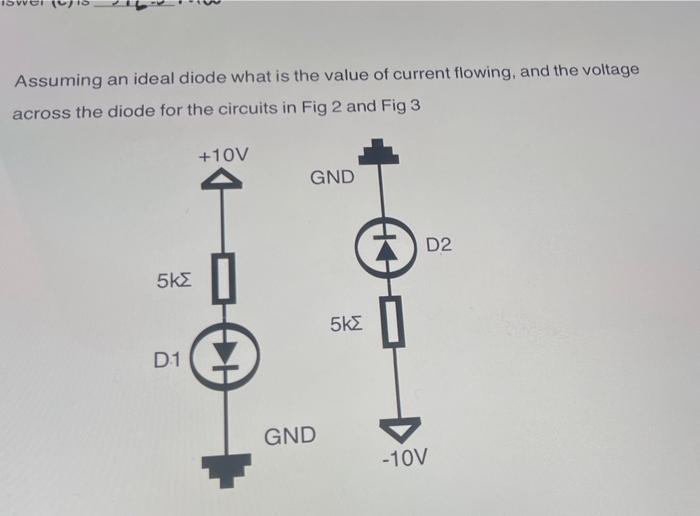 Assuming an ideal diode what is the value of current flowing, and the voltage across the diode for the circuits in Fig 2 and 