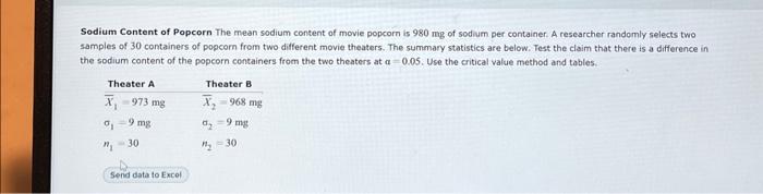 Solved Sodium Content of Popcorn The mean sodium content of | Chegg.com