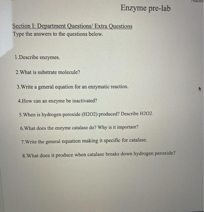 Solved Enzyme prelab Section I Department Questions/ Extra