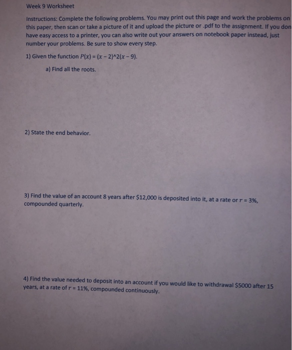 Solved Week 9 Worksheet Instructions: Complete the following | Chegg.com