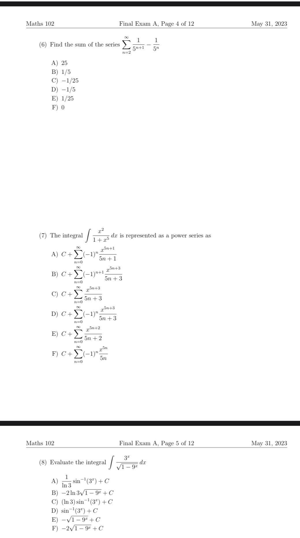 Solved Maths 102Final Exam A, ﻿Page 4 ﻿of 12May 31, 2023(6) | Chegg.com