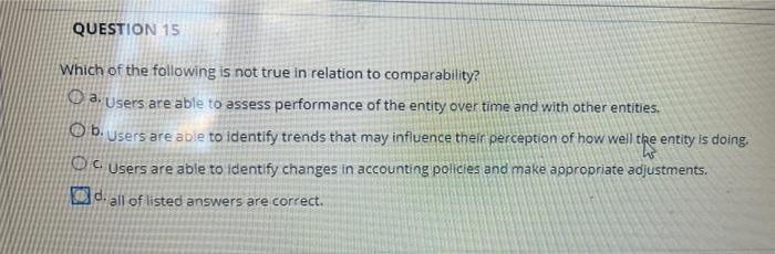 QUESTION 15
Which of the following is not true in relation to comparability?
O a. Users are able to assess performance of the