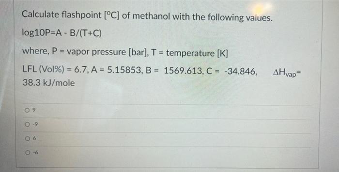 Solved Calculate flashpoint [°C] of methanol with the | Chegg.com
