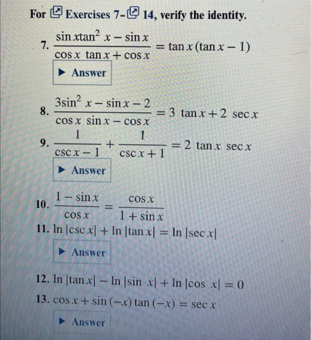 Solved For [저 Exercises 7-[ㄴ] 14, verify the identity. 7. | Chegg.com
