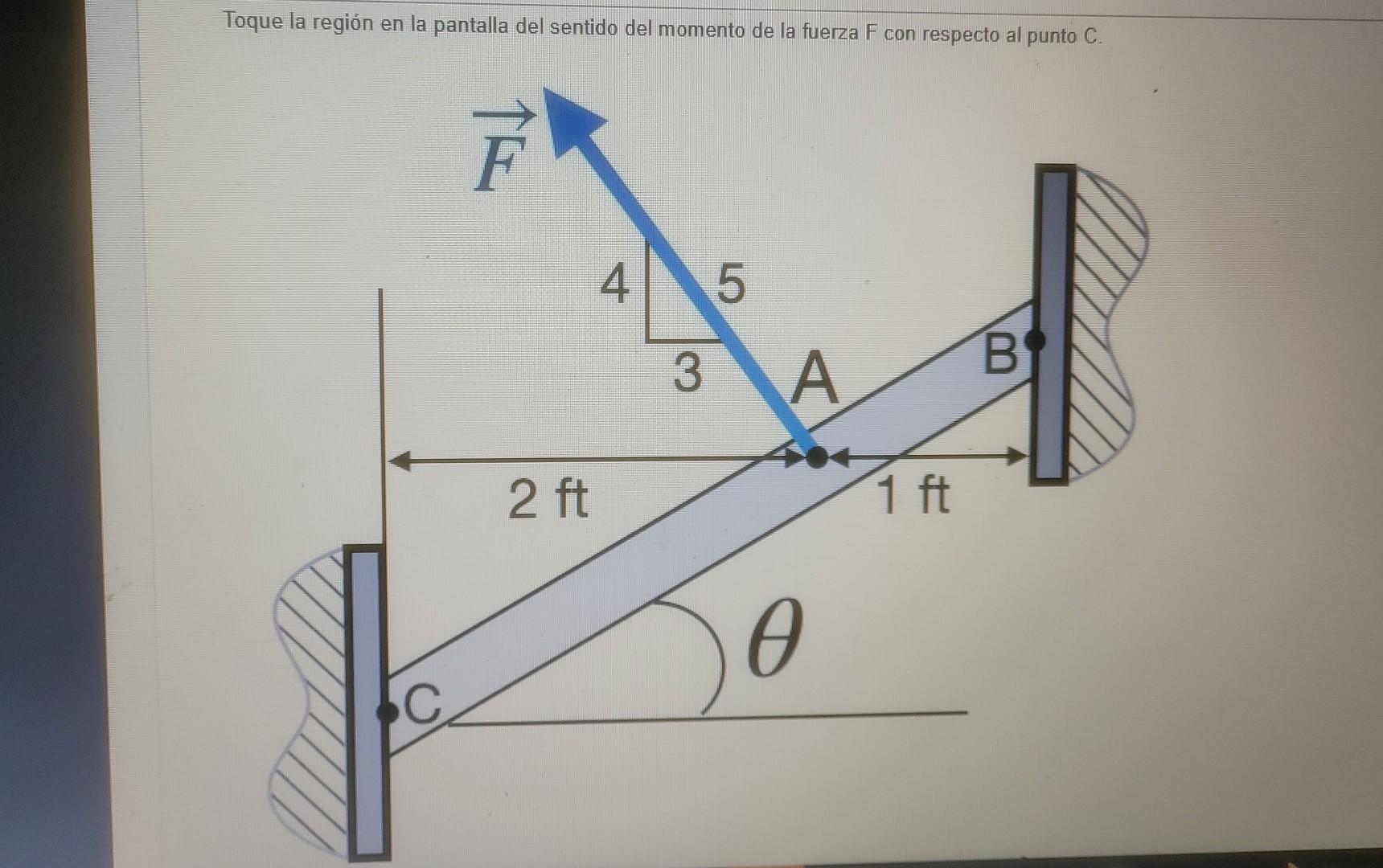 Toque la región en la pantalla del sentido del momento de la fuerza F con respecto al punto \( \mathrm{C} \).