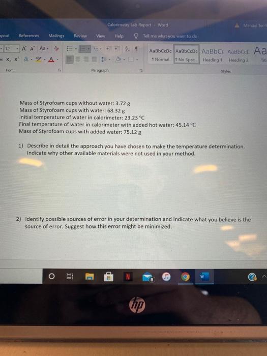 Solved ayout References Mailings Ravi Calorimetry Lab Report