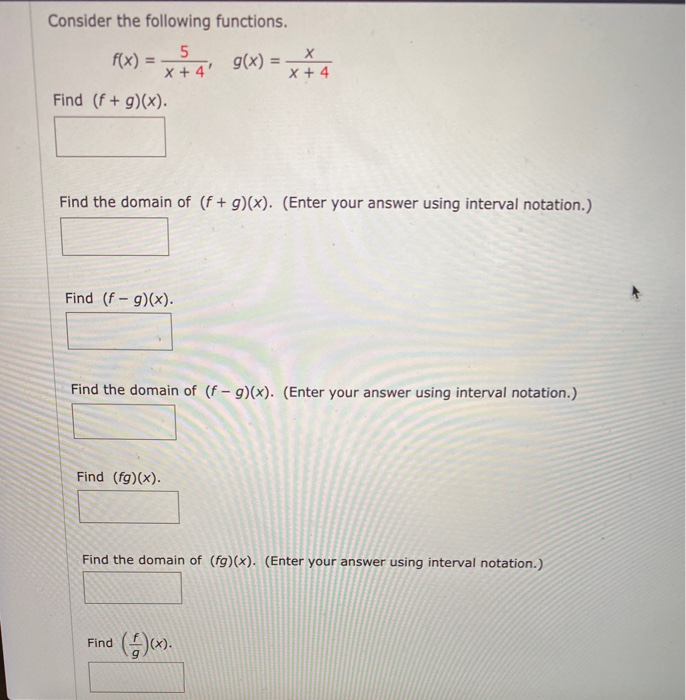 Solved Consider the following functions. 5 х f(x) g(x) X + | Chegg.com